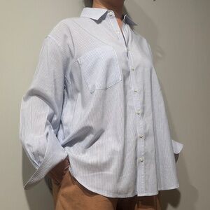 Trovata Birds Of Paradise Women Medium Striped Blue Cotton Blend Button Up Shirt